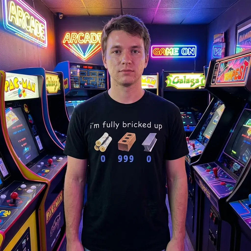 Funny Fully Bricked Up Gaming Meme T-Shirt 6 Person wearing the 'fully bricked up' gaming meme T-shirt.