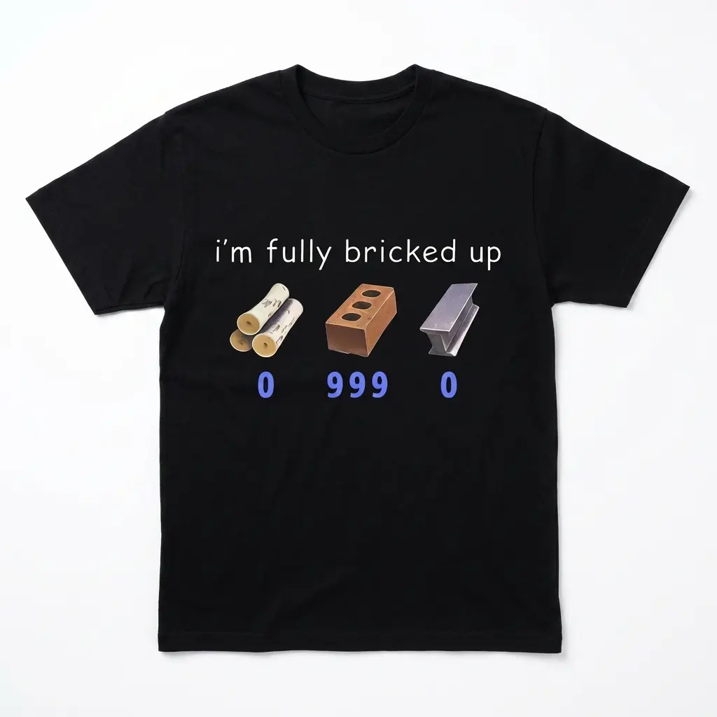 Funny Fully Bricked Up Gaming Meme T-Shirt 1 Black T-shirt with 'I'm fully bricked up' gaming meme design.