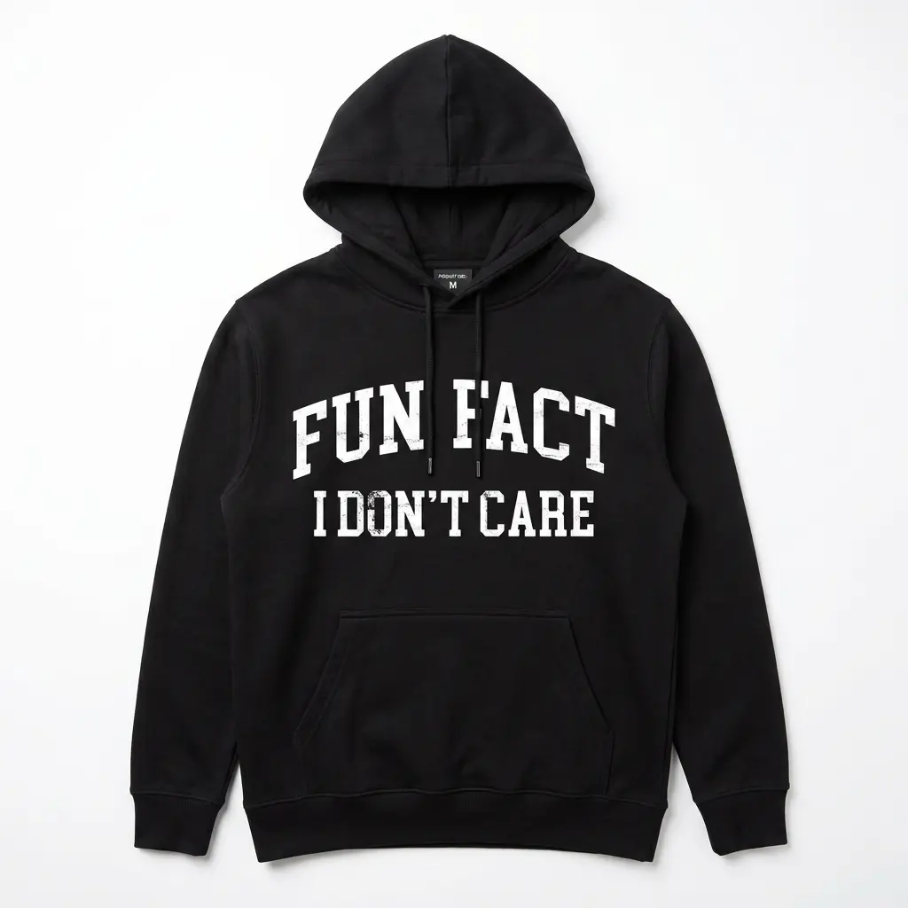 Funny Fun Fact I Don't Care Sarcastic Tee 2 Front view of black tee displaying 'Fun Fact I Don't Care' in white print.