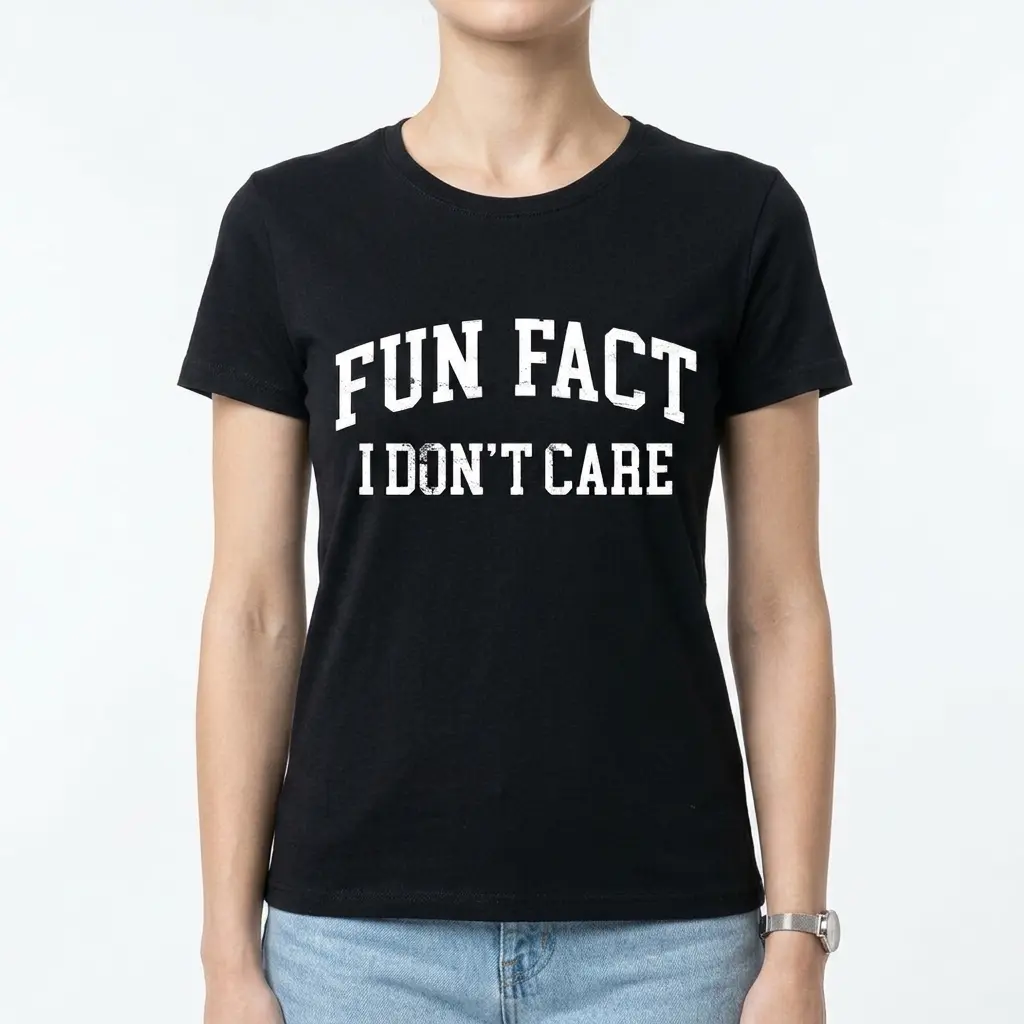 Funny Fun Fact I Don't Care Sarcastic Tee 4 Flat lay of black shirt with white 'Fun Fact I Don't Care' graphic.