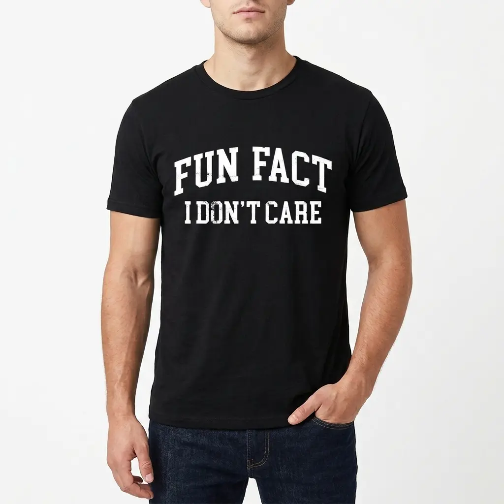 Funny Fun Fact I Don't Care Sarcastic Tee 5 Detail of white text 'Fun Fact I Don't Care' on black background.