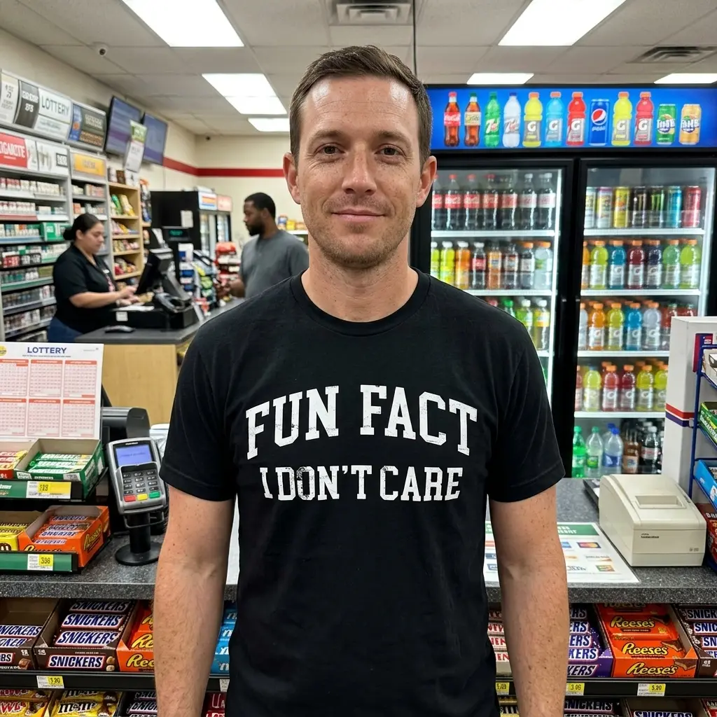 Funny Fun Fact I Don't Care Sarcastic Tee 6 Person wearing T-shirt with 'Fun Fact I Don't Care' design.