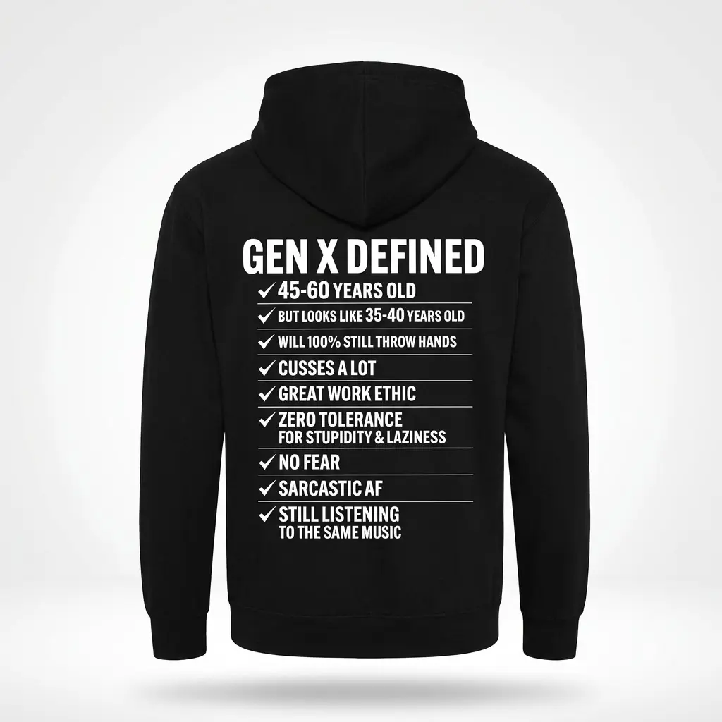 Funny Gen X Defined Checklist Graphic T-Shirt 2 Back view flat lay of a black hoodie featuring the white Gen X Defined checklist print.
