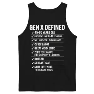 Funny Gen X Defined Checklist Graphic T-Shirt 8 Back view flat lay of a black tank top printed with the white Gen X Defined checklist design.