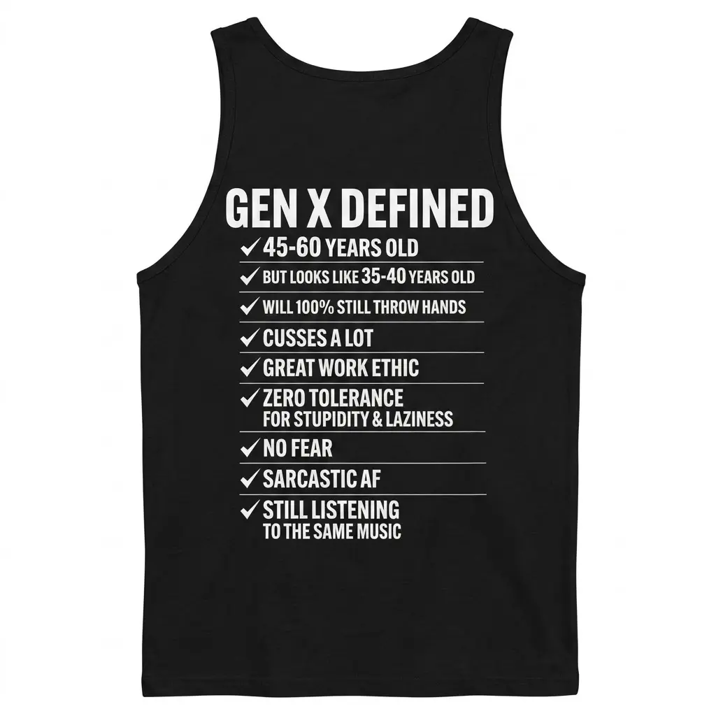 Funny Gen X Defined Checklist Graphic T-Shirt 3 Back view flat lay of a black tank top printed with the white Gen X Defined checklist design.