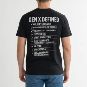 Funny Gen X Defined Checklist Graphic T-Shirt 9 Back view of a man wearing the black graphic t-shirt with the white Gen X Defined text checklist.