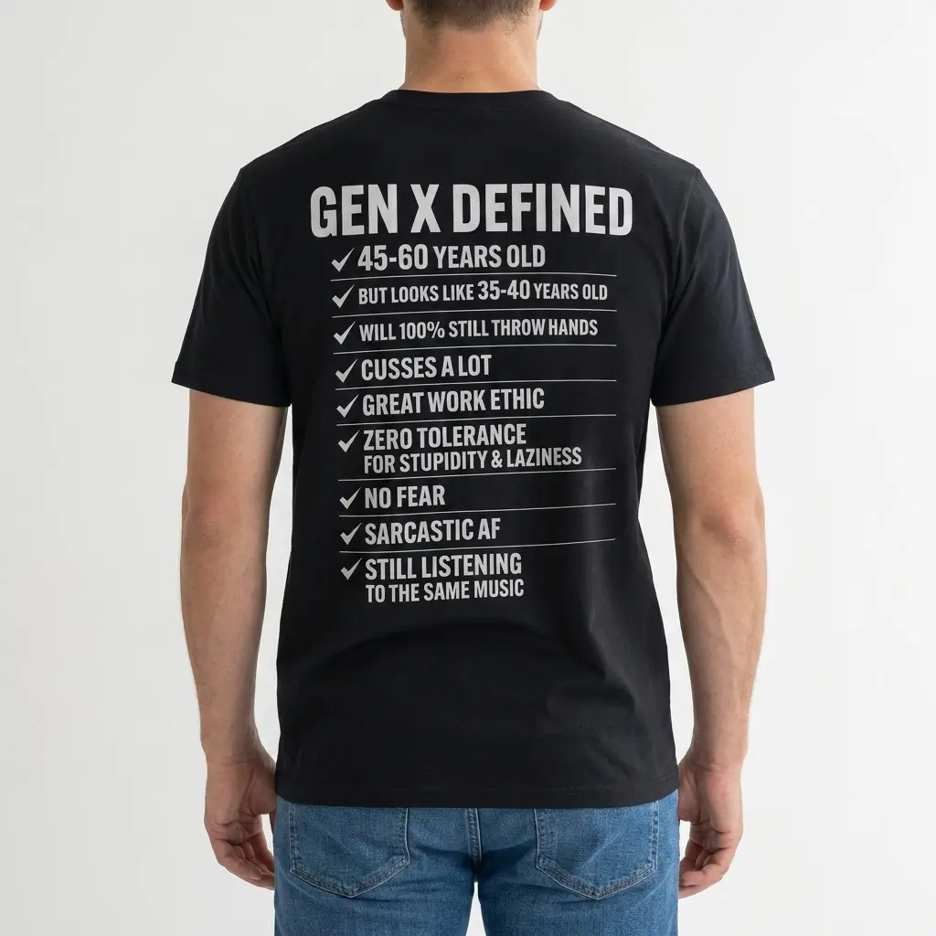 Funny Gen X Defined Checklist Graphic T-Shirt 4 Back view of a man wearing the black graphic t-shirt with the white Gen X Defined text checklist.