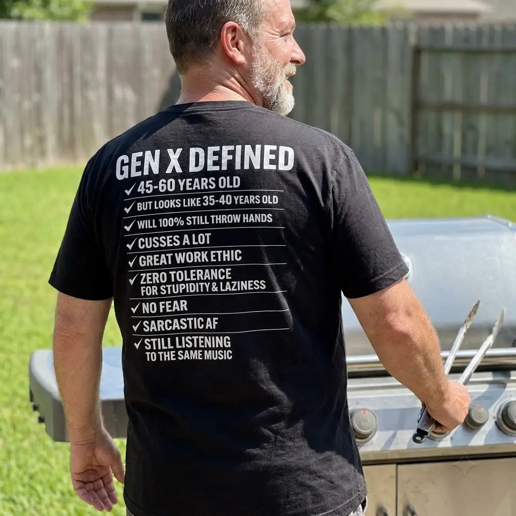 Funny Gen X Defined Checklist Graphic T-Shirt 5 Man outdoors wearing the black t-shirt featuring the funny Gen X Defined graphic on the back.