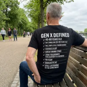 Funny Gen X Defined Checklist Graphic T-Shirt 11 Lifestyle shot of the back of a black Gen X Defined checklist graphic tee worn outdoors.
