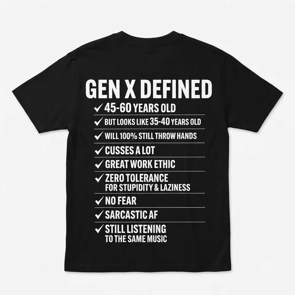 Funny Gen X Defined Checklist Graphic T-Shirt 1 Back view flat lay of a black t-shirt featuring the white Gen X Defined checklist graphic design.