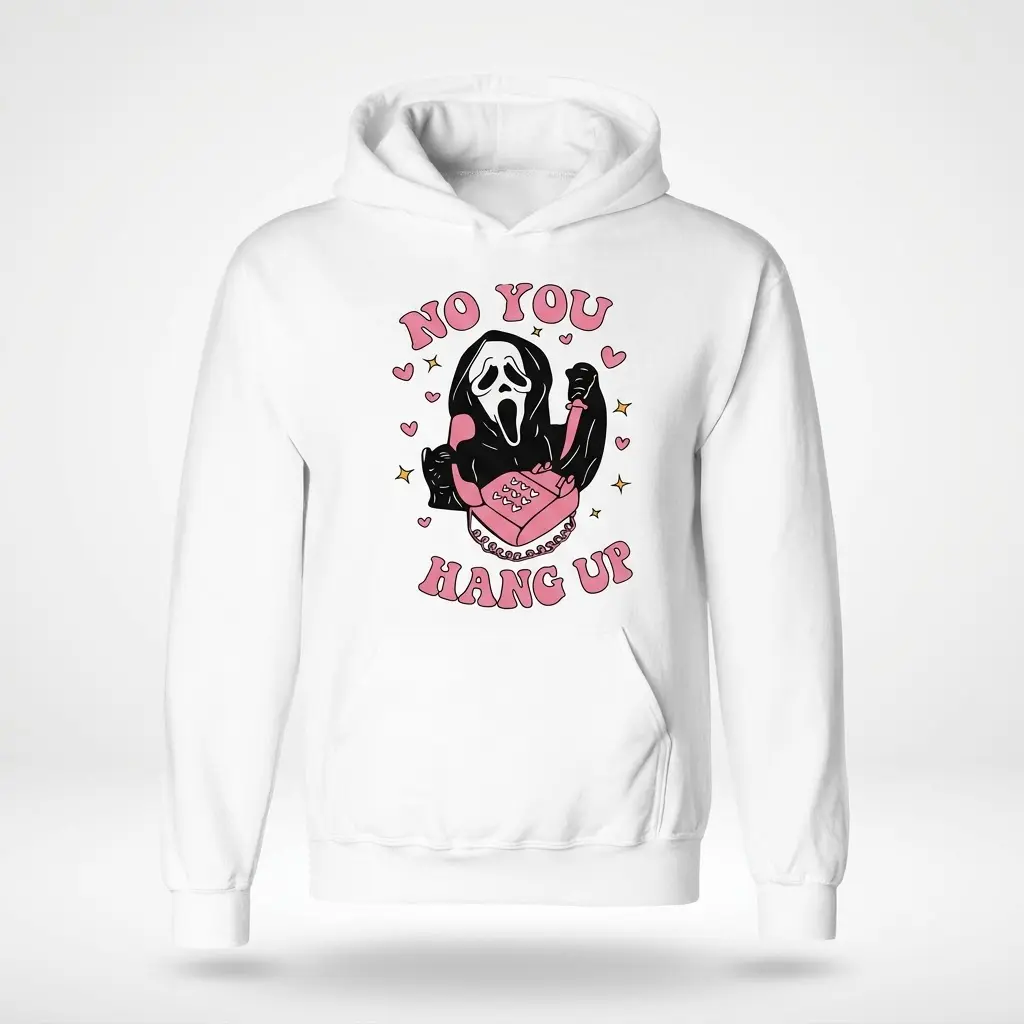 Funny Ghostface No You Hang Up Halloween Tee 2 White hoodie flatlay featuring Ghostface holding a pink telephone and knife, surrounded by "NO YOU HANG UP" text, hearts, and stars.