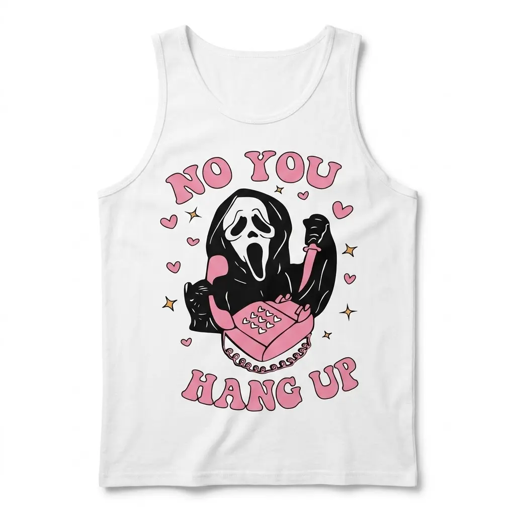 Funny Ghostface No You Hang Up Halloween Tee 3 White tank top flatlay displaying a Ghostface graphic holding a pink rotary phone, with "NO YOU HANG UP" text, hearts, and stars.