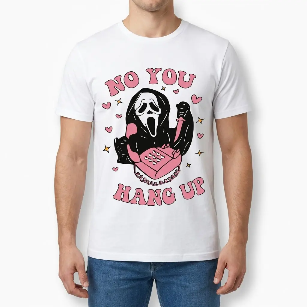 Funny Ghostface No You Hang Up Halloween Tee 4 Front view of a man wearing a white t-shirt featuring the Ghostface "NO YOU HANG UP" graphic with a pink phone, hearts, and stars.