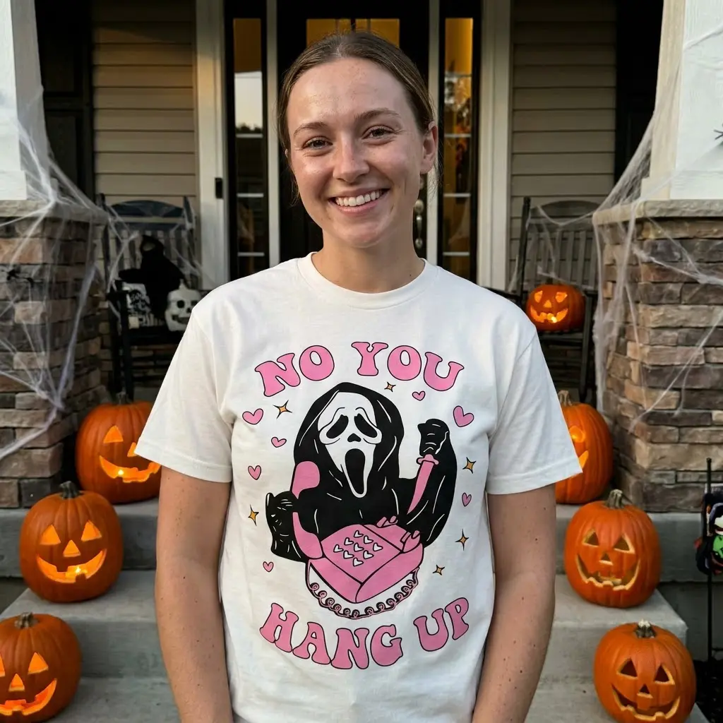 Funny Ghostface No You Hang Up Halloween Tee 5 Ghostface 'NO YOU HANG UP' graphic t-shirt shown in a lifestyle setting, depicting the playful design with pink hearts and stars.