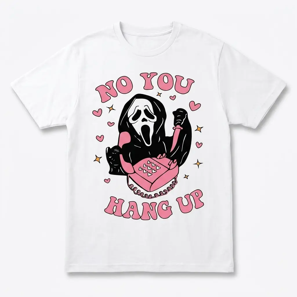 Funny Ghostface No You Hang Up Halloween Tee 1 White t-shirt with a Ghostface design holding a pink phone and knife, featuring "NO YOU HANG UP" text, hearts, and stars.