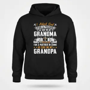 Funny God Sent Me My Grandma & Grandpa T-Shirt 7 Front flat lay of a black hoodie displaying the "Grandma & Grandpa Partner in Crime" faith-based design with trucks and crosses.