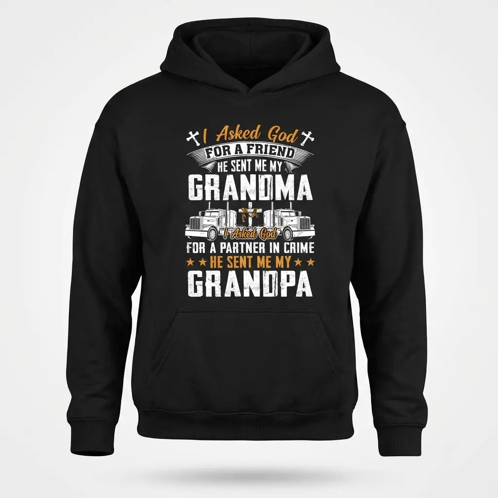 Front flat lay of a black hoodie displaying the "Grandma & Grandpa Partner in Crime" faith-based design with trucks and crosses.