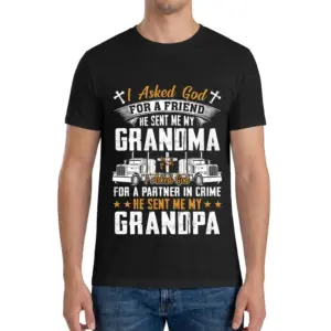 Funny God Sent Me My Grandma & Grandpa T-Shirt 9 A man wearing a black t-shirt with the funny "God Sent Me My Grandma & Grandpa Partner in Crime" design, front view.