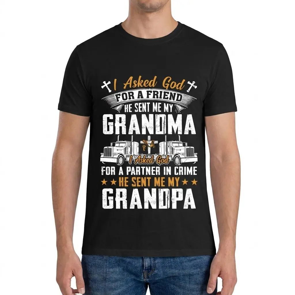 A man wearing a black t-shirt with the funny "God Sent Me My Grandma & Grandpa Partner in Crime" design, front view.