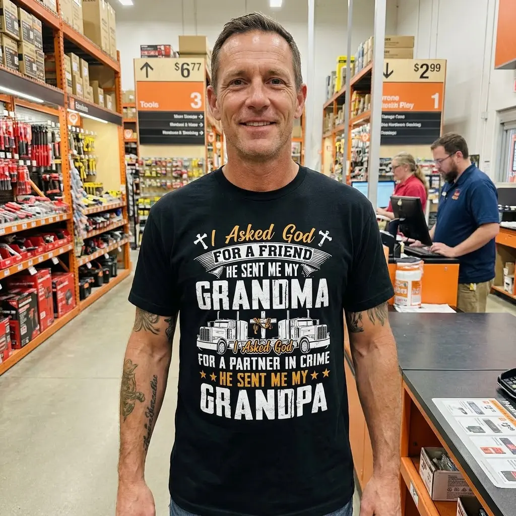 Black t-shirt showcasing the "I Asked God FOR A FRIEND... GRANDMA" and "FOR A PARTNER IN CRIME... GRANDPA" text with semi-trucks.