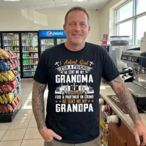 Funny God Sent Me My Grandma & Grandpa T-Shirt 11 Family-themed black t-shirt for married couples and grandparents, featuring the "Grandma & Grandpa Partner in Crime" design.