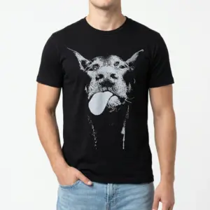 Funny Goofy Dog Portrait Graphic T-Shirt 8 Black Dog Lover Shirt with a prominent light grey print of a happy dog's head and extended tongue.