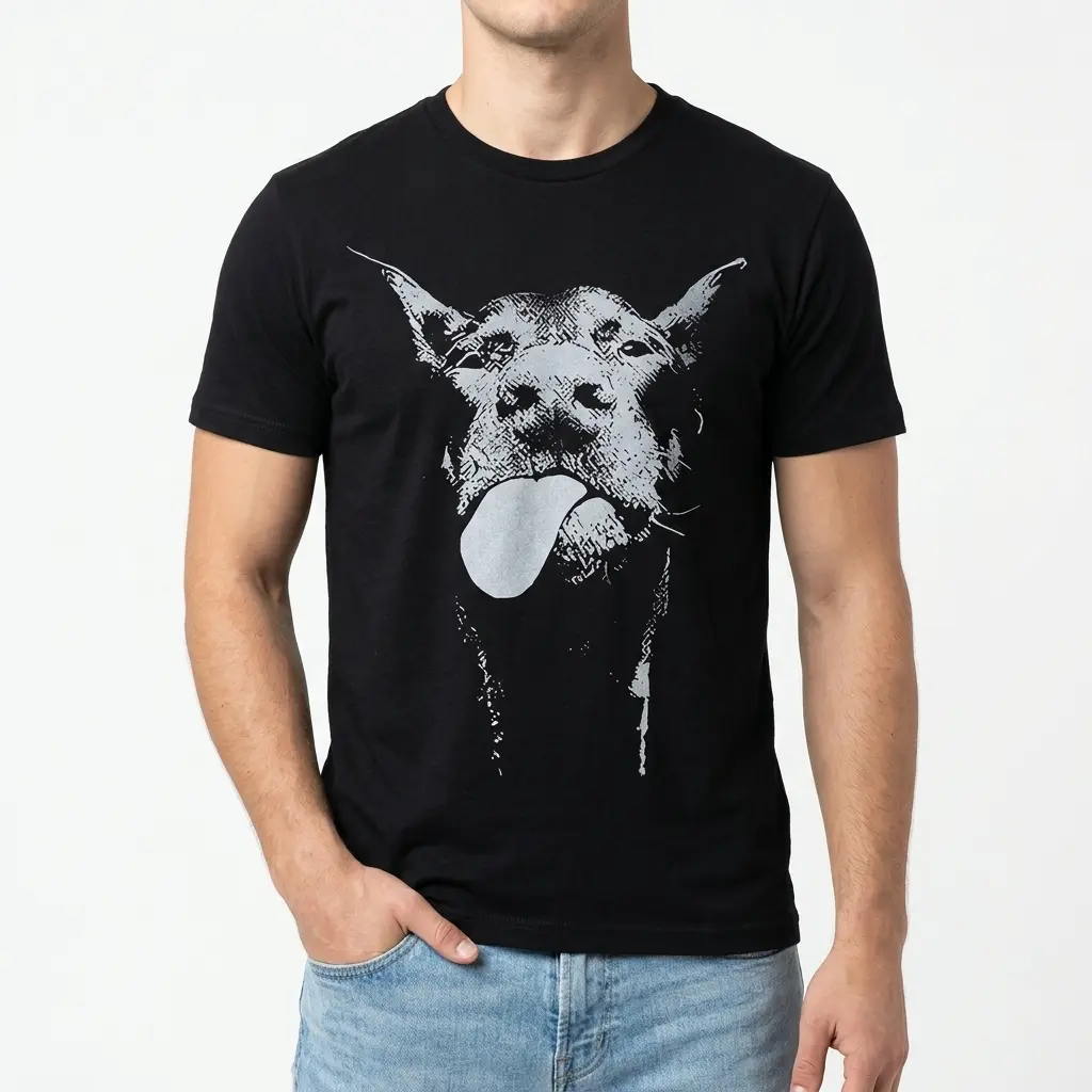 Funny Goofy Dog Portrait Graphic T-Shirt 3 Black Dog Lover Shirt with a prominent light grey print of a happy dog's head and extended tongue.