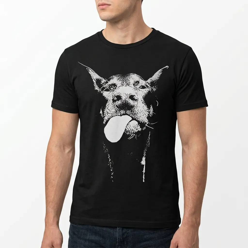 Funny Goofy Dog Portrait Graphic T-Shirt 5 Detailed look at the black graphic tee featuring the distinctive goofy dog design for dog owners.
