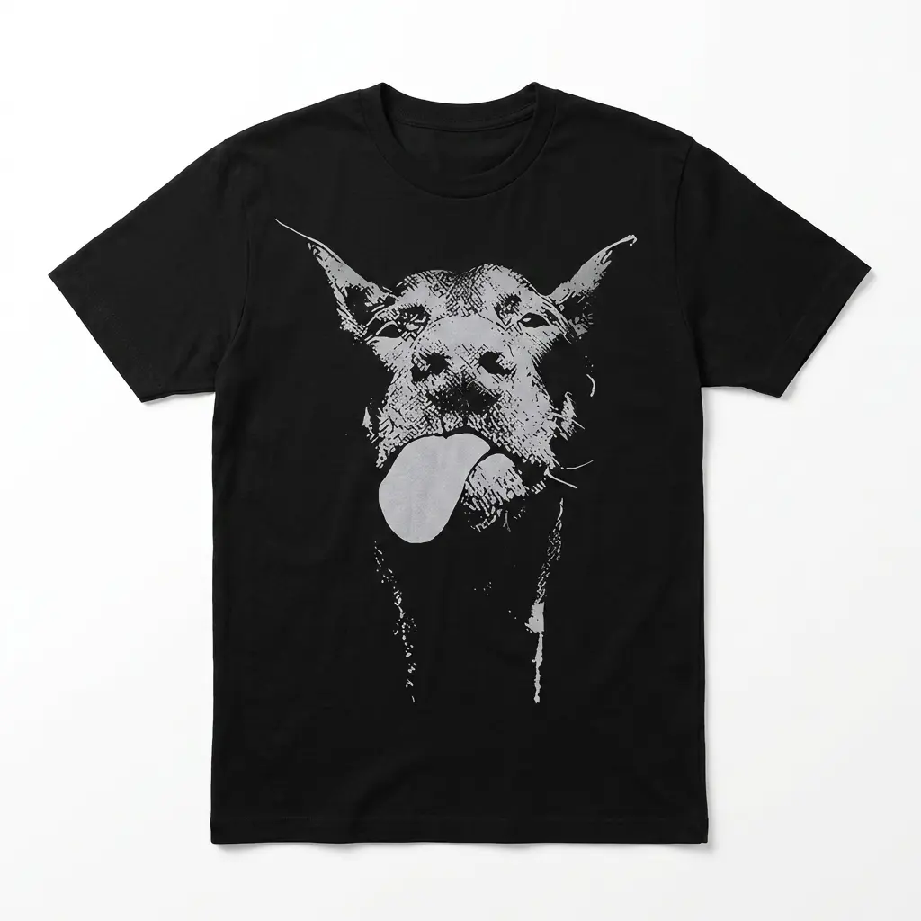 Funny Goofy Dog Portrait Graphic T-Shirt 1 Front view of a black t-shirt with a light grey, stylized graphic of a dog sticking its tongue out.