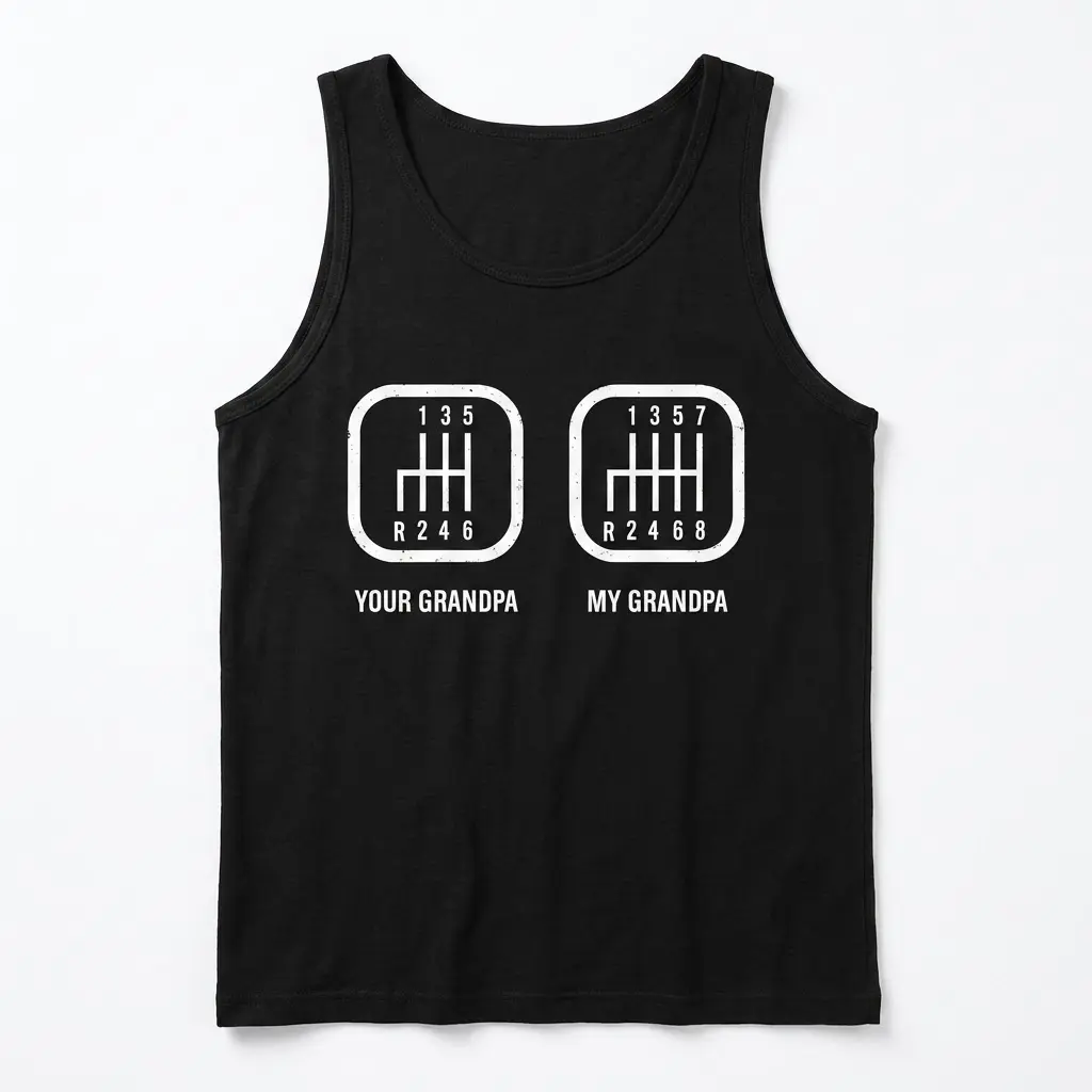 Tank top displaying a humorous dual gear shift design about grandpas.