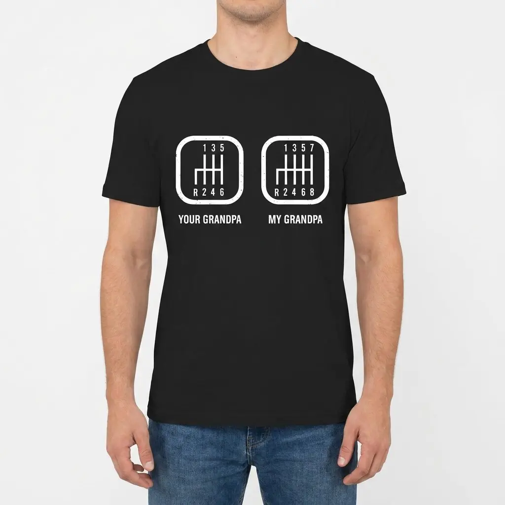 Model wearing a t-shirt with a funny gear shift design, comparing grandpas.