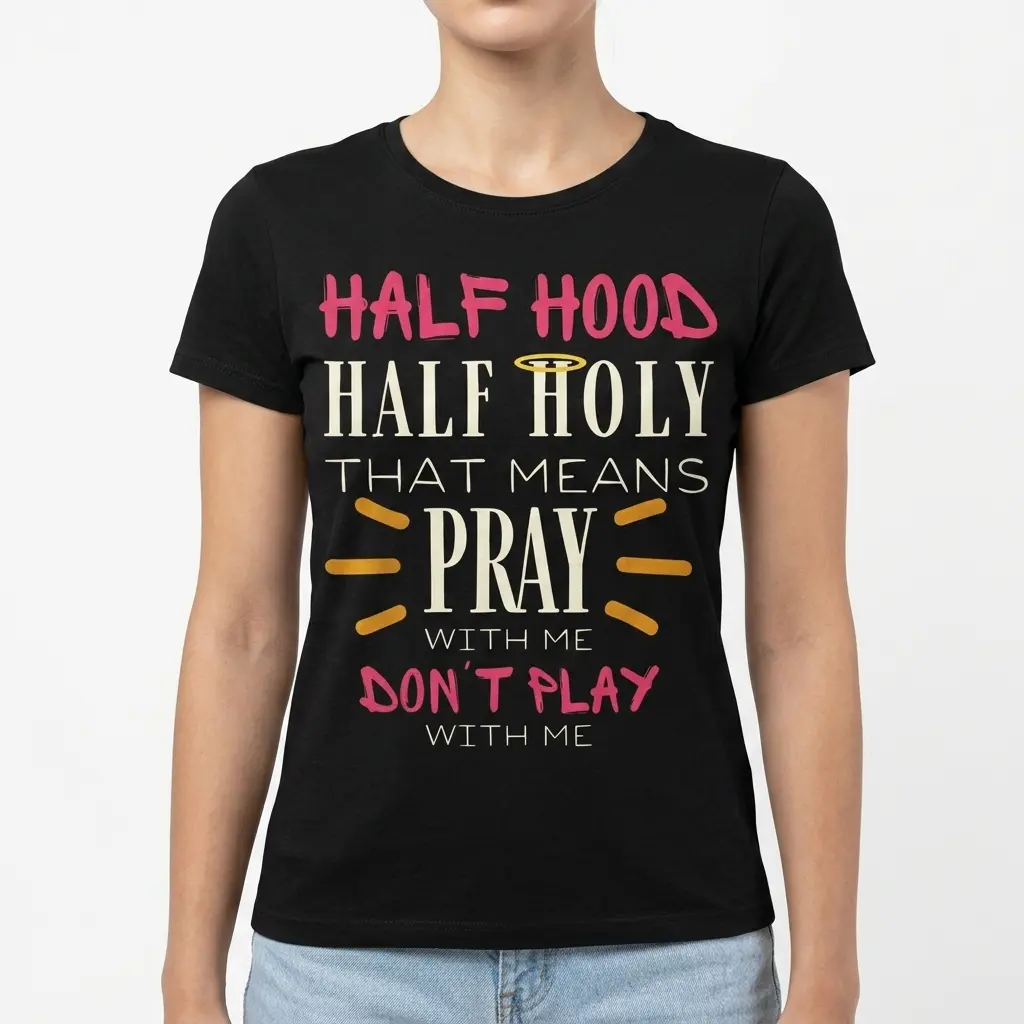 Close-up of print on black Christian-themed T-shirt.