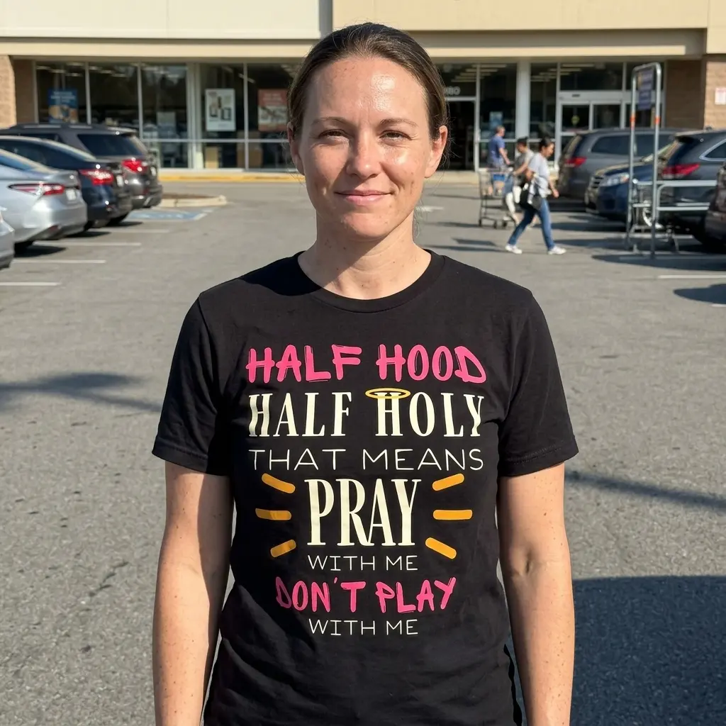 Person wearing black T-shirt with 'Half Hood Half Holy' graphic design.
