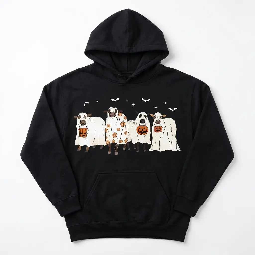 Front view of black t-shirt with ghost cow design and Halloween prints.