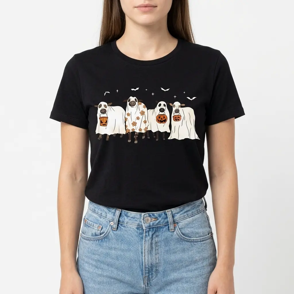 Black shirt showing four cows in ghost costumes with pumpkins.