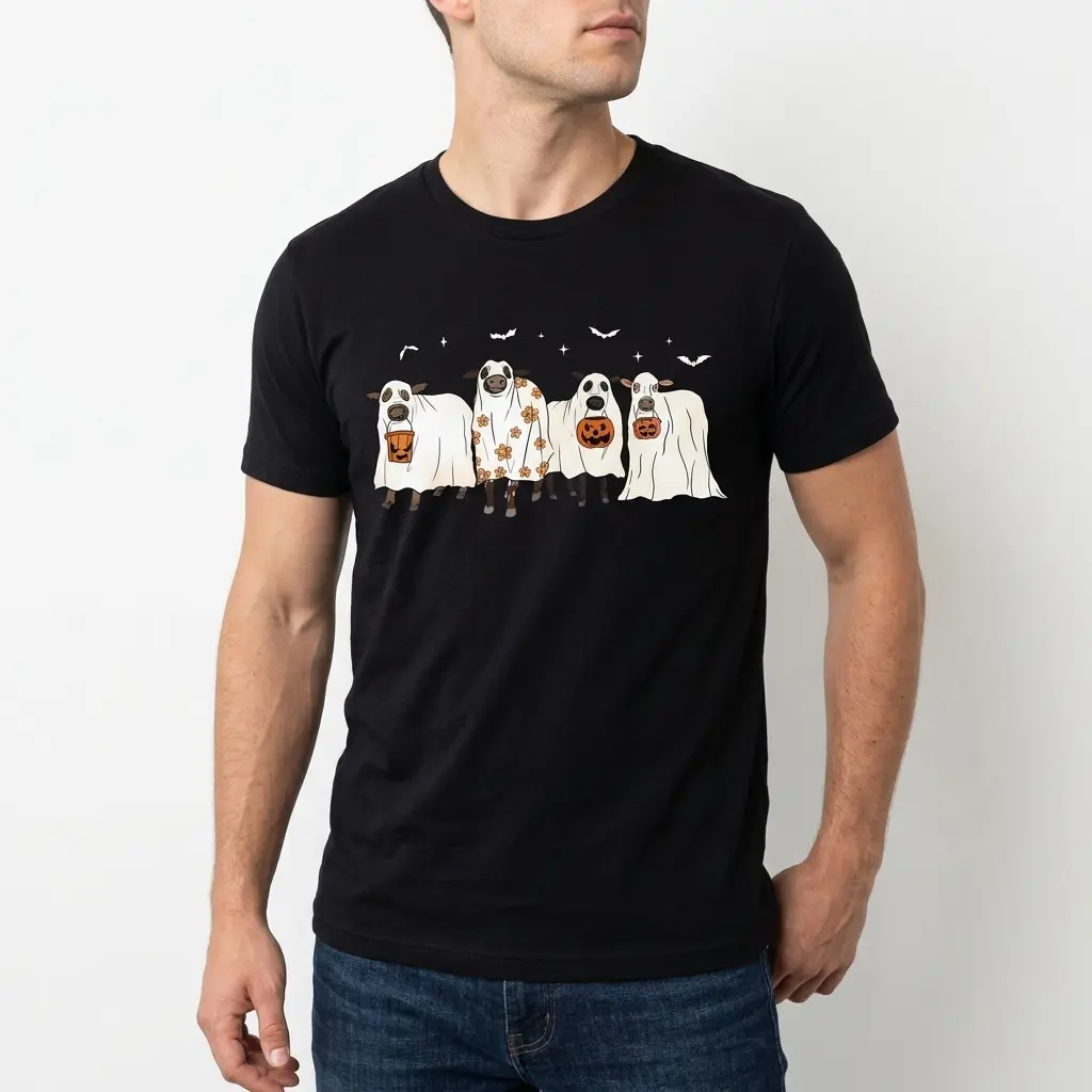 Detailed look at cow ghost graphics on a Halloween-themed t-shirt.