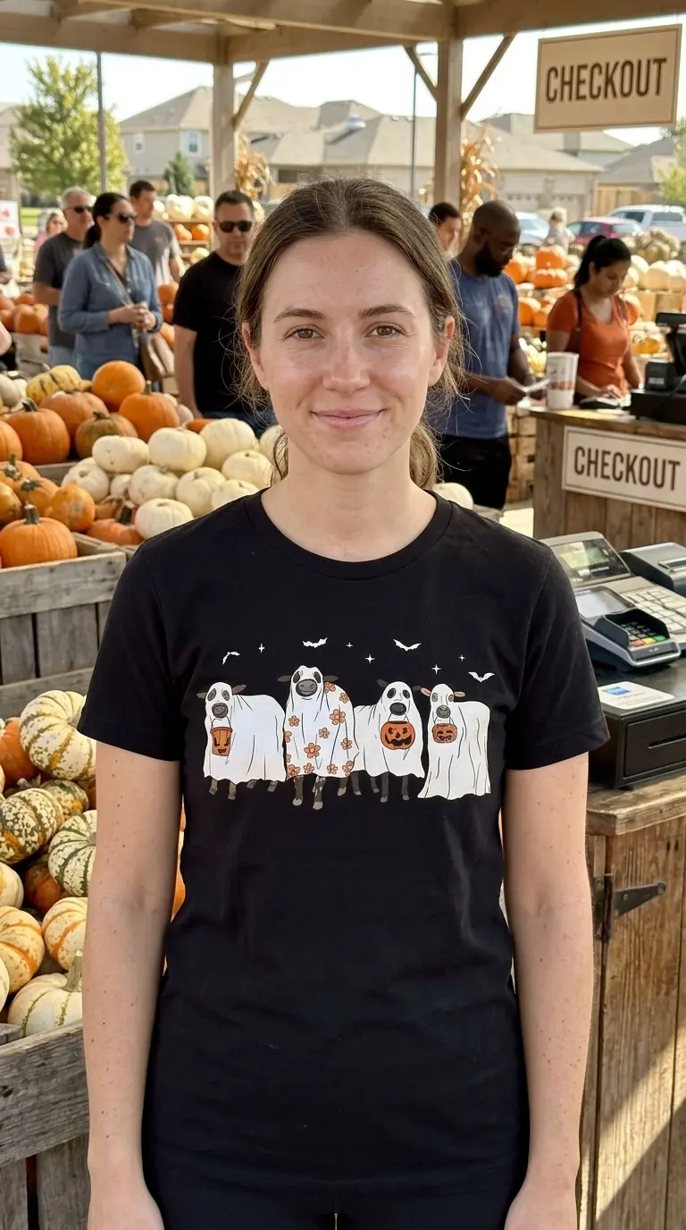 Person wearing t-shirt with cow ghost design in a casual setting.