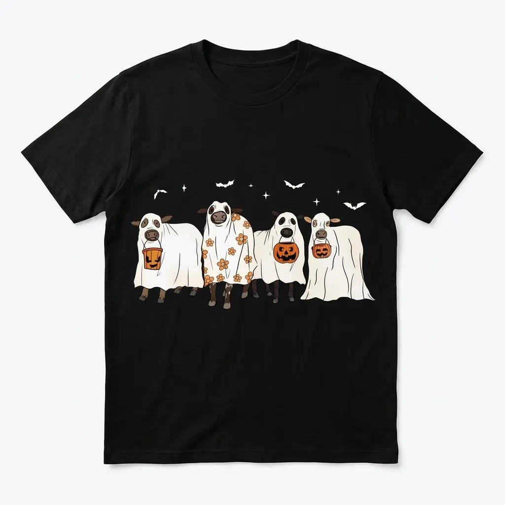 Black t-shirt featuring cows dressed as ghosts with Halloween designs.