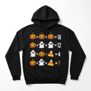 Funny Halloween Math Puzzle T-Shirt 7 T-shirt showing a Halloween math puzzle with icons of pumpkins, ghosts, and candy corn.