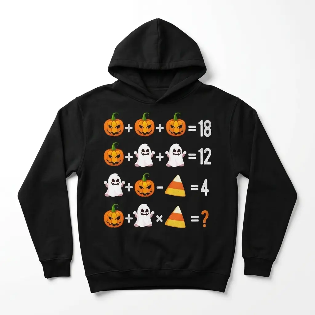 Funny Halloween Math Puzzle T-Shirt 2 T-shirt showing a Halloween math puzzle with icons of pumpkins, ghosts, and candy corn.