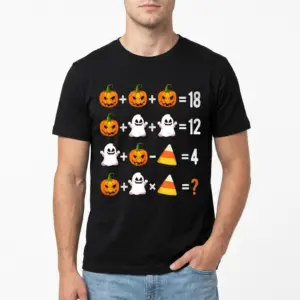 Funny Halloween Math Puzzle T-Shirt 8 Halloween puzzle shirt combining pumpkins, ghosts, and candy corn in a math equation.
