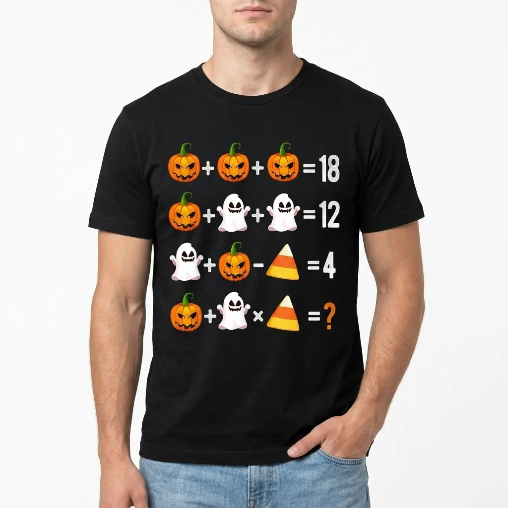Funny Halloween Math Puzzle T-Shirt 3 Halloween puzzle shirt combining pumpkins, ghosts, and candy corn in a math equation.