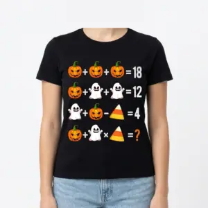 Funny Halloween Math Puzzle T-Shirt 9 Design of a math puzzle with Halloween symbols on a black t-shirt; pumpkins, ghosts, candy.