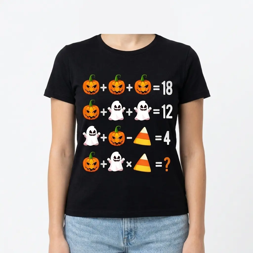 Funny Halloween Math Puzzle T-Shirt 4 Design of a math puzzle with Halloween symbols on a black t-shirt; pumpkins, ghosts, candy.