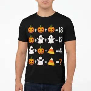 Funny Halloween Math Puzzle T-Shirt 10 Funny Halloween math puzzle on a t-shirt; includes smiling pumpkins, ghosts, and candy icons.