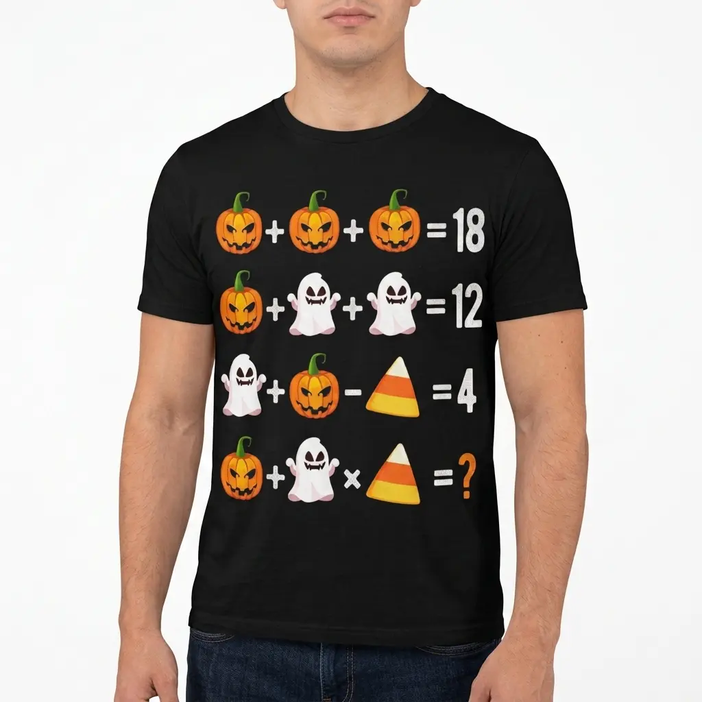 Funny Halloween Math Puzzle T-Shirt 5 Funny Halloween math puzzle on a t-shirt; includes smiling pumpkins, ghosts, and candy icons.