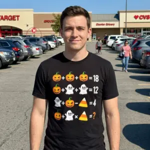 Funny Halloween Math Puzzle T-Shirt 11 Model wearing a Halloween math puzzle t-shirt featuring pumpkins, ghosts, and candy corn.