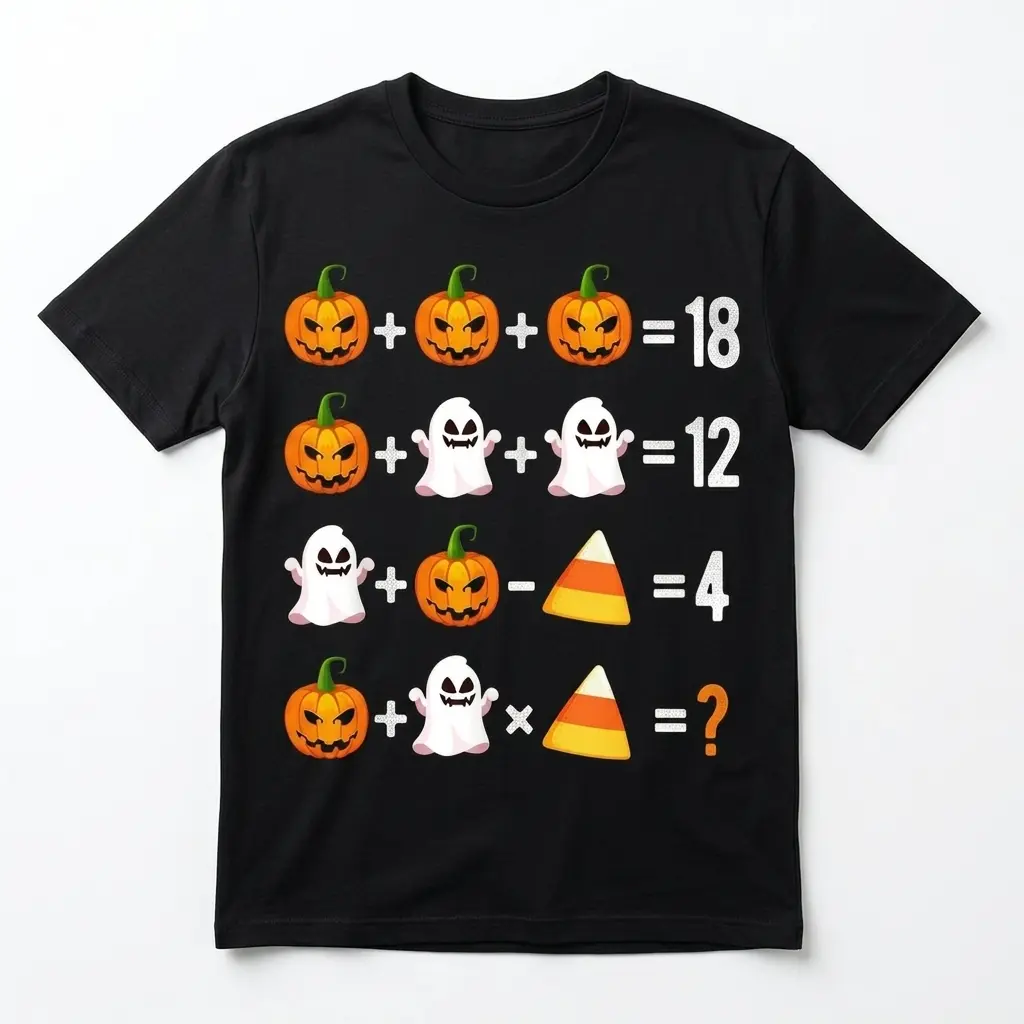 Funny Halloween Math Puzzle T-Shirt 1 Black t-shirt with Halloween-themed math puzzle design, featuring pumpkins, ghosts, and candy.