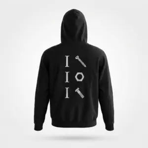 Funny Hardware Pun Mechanic T-Shirt 7 Back view flat lay of a black hoodie displaying the funny mechanic shirt graphic with a screw, nut, and bolt wordplay design.
