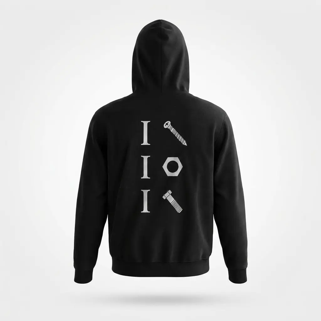Back view flat lay of a black hoodie displaying the funny mechanic shirt graphic with a screw, nut, and bolt wordplay design.